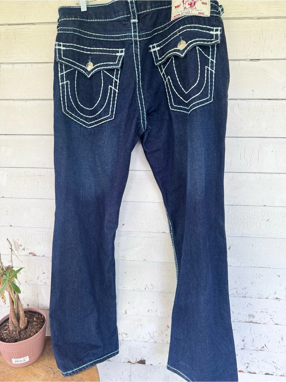 True Religion Men's Joey super T  Blue Straight Jeans with rainbow stitching